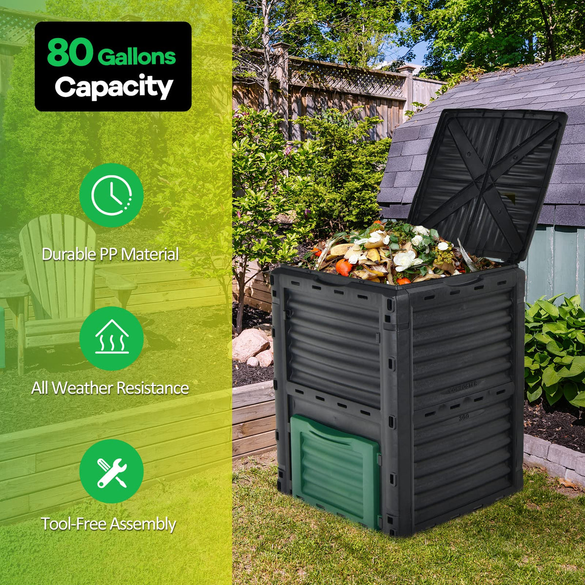 Garden Compost Bin, 80-Gallon/300L Outdoor Composter W/Large Openable Lid & Bottom Exit Door