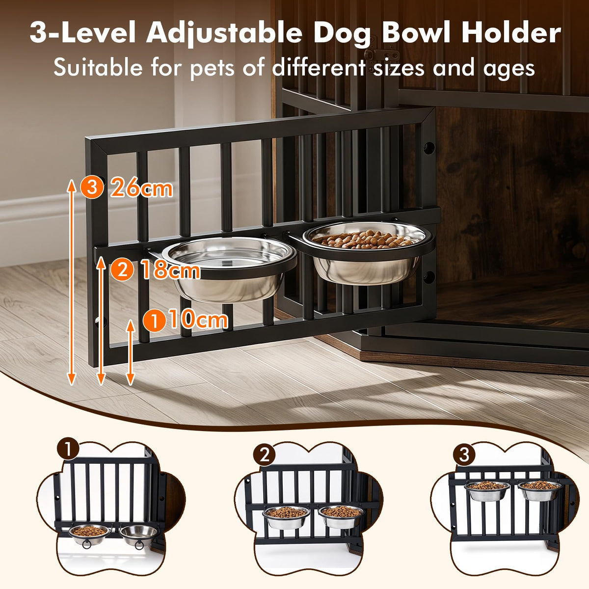Corner Dog Crate 2-in-1 Kennel and TV Stand with Adjustable Dog Bowl Rack