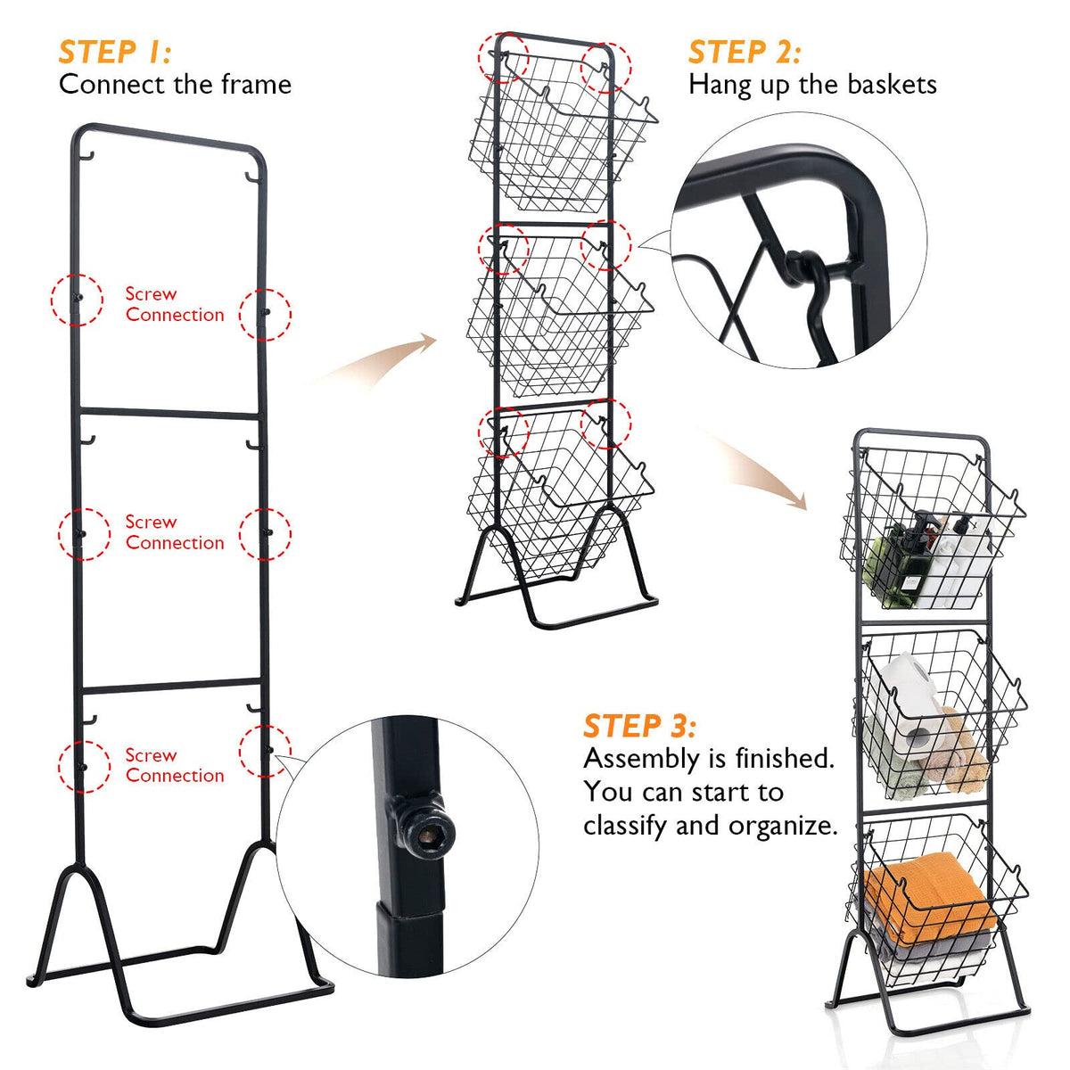 Giantex 3-Tier Fruit Basket Stand, 50kg Capacity Kitchen Metal Market Basket Stand w/ 3 Removable Hanging Wire Bowls, Adjustable Heights