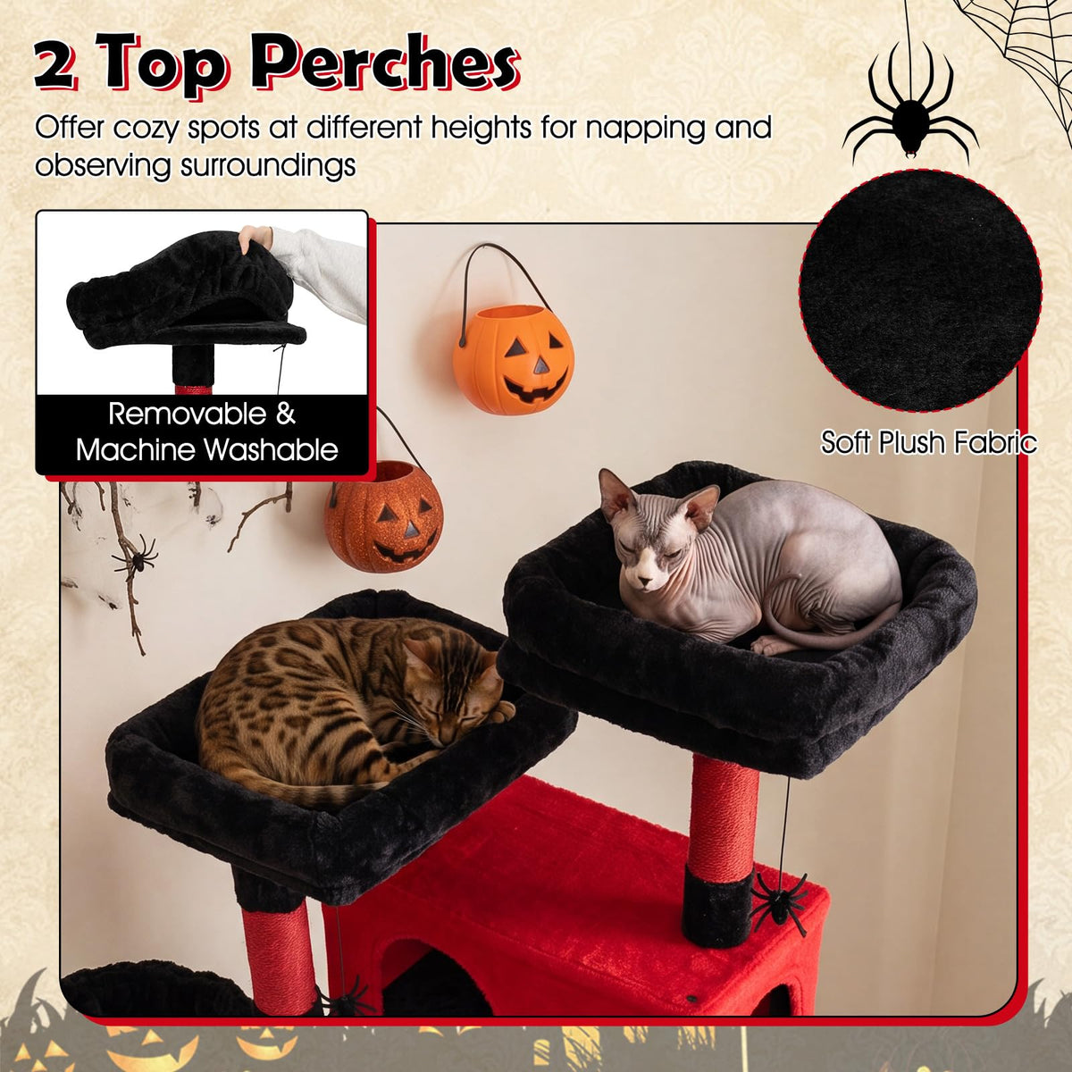 190cm Gothic Cat Tree for Indoor Cats with 2 Plush Perches and 2 Condos for Black Halloween