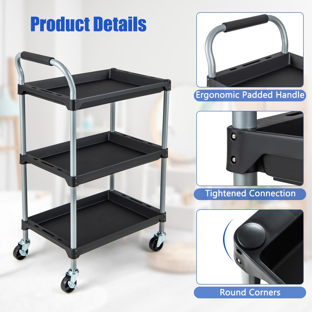 3 Layer Tool Cart, Large Capacity Utility Cart