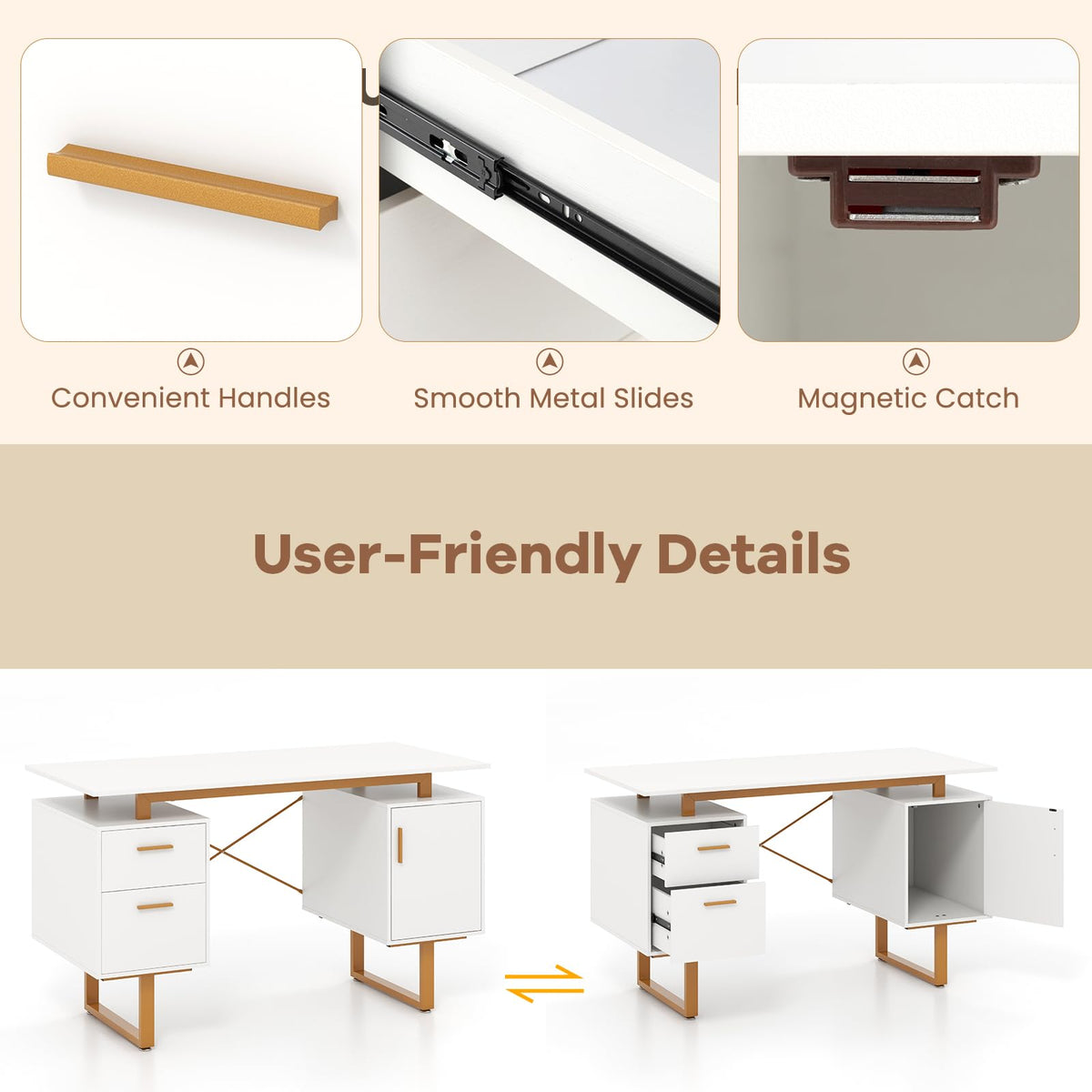 Computer Desk 129cm Desk w/ Floating Desktop Vanity Table for Home & Office