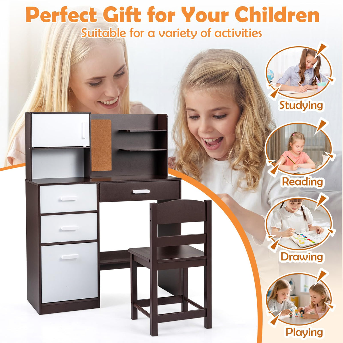 Kids Desk and Chair Set with Hutch and Bulletin Board