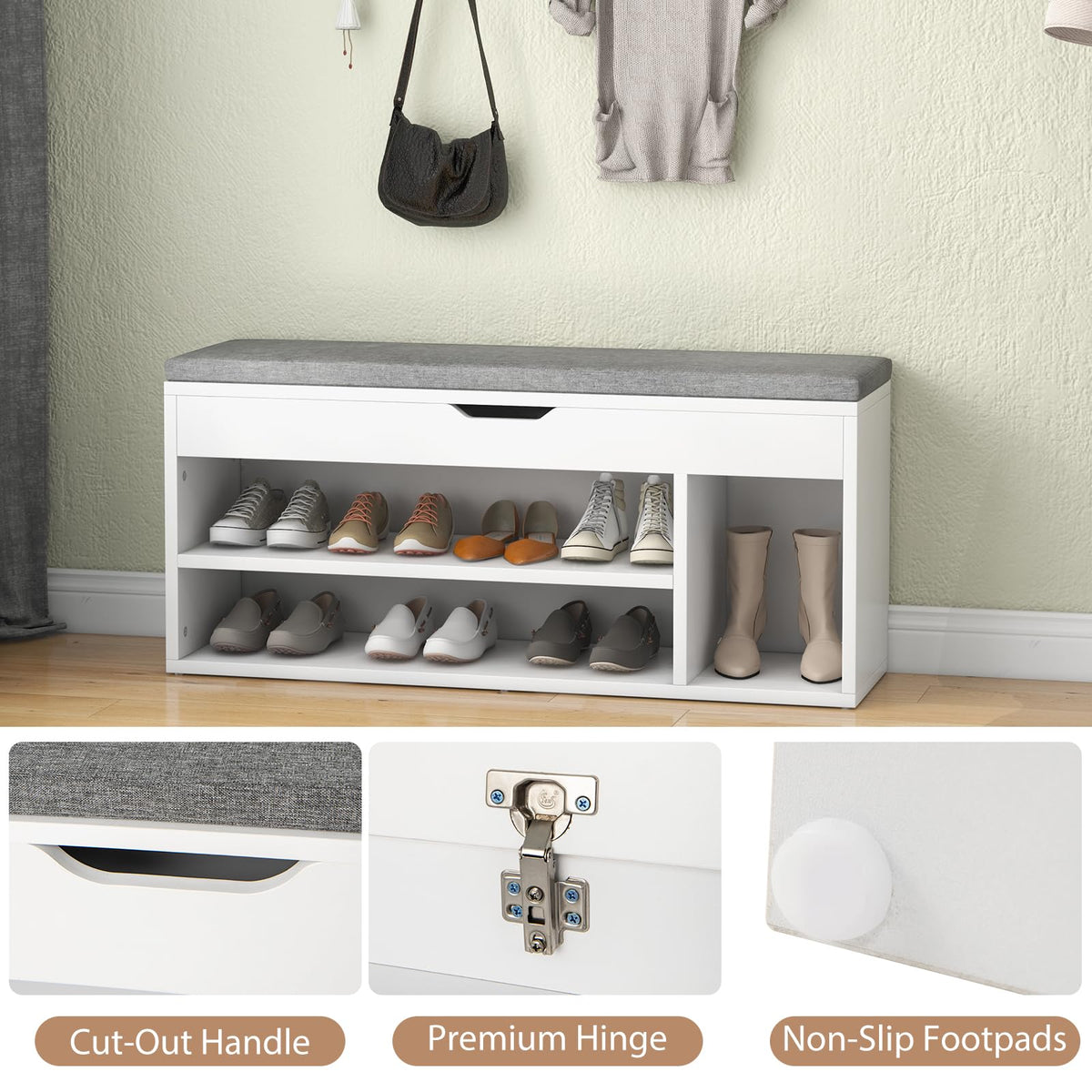 Shoe Bench with 3 Open Shelves and 1 Closed Shelf for Living Room