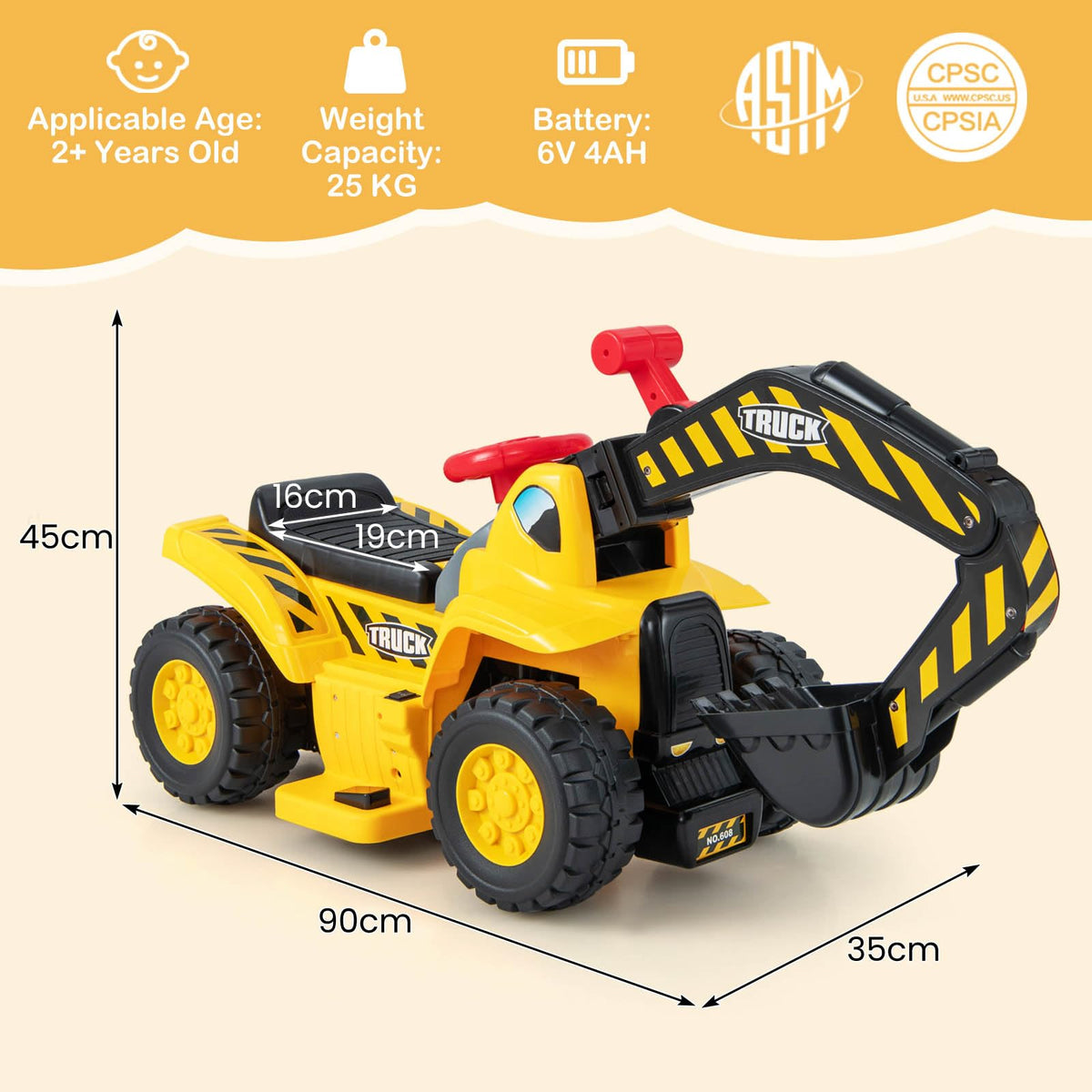 6V Kids Ride On Excavator, Multifunctional Construction Car w/Storage, Horn & Sound Effects