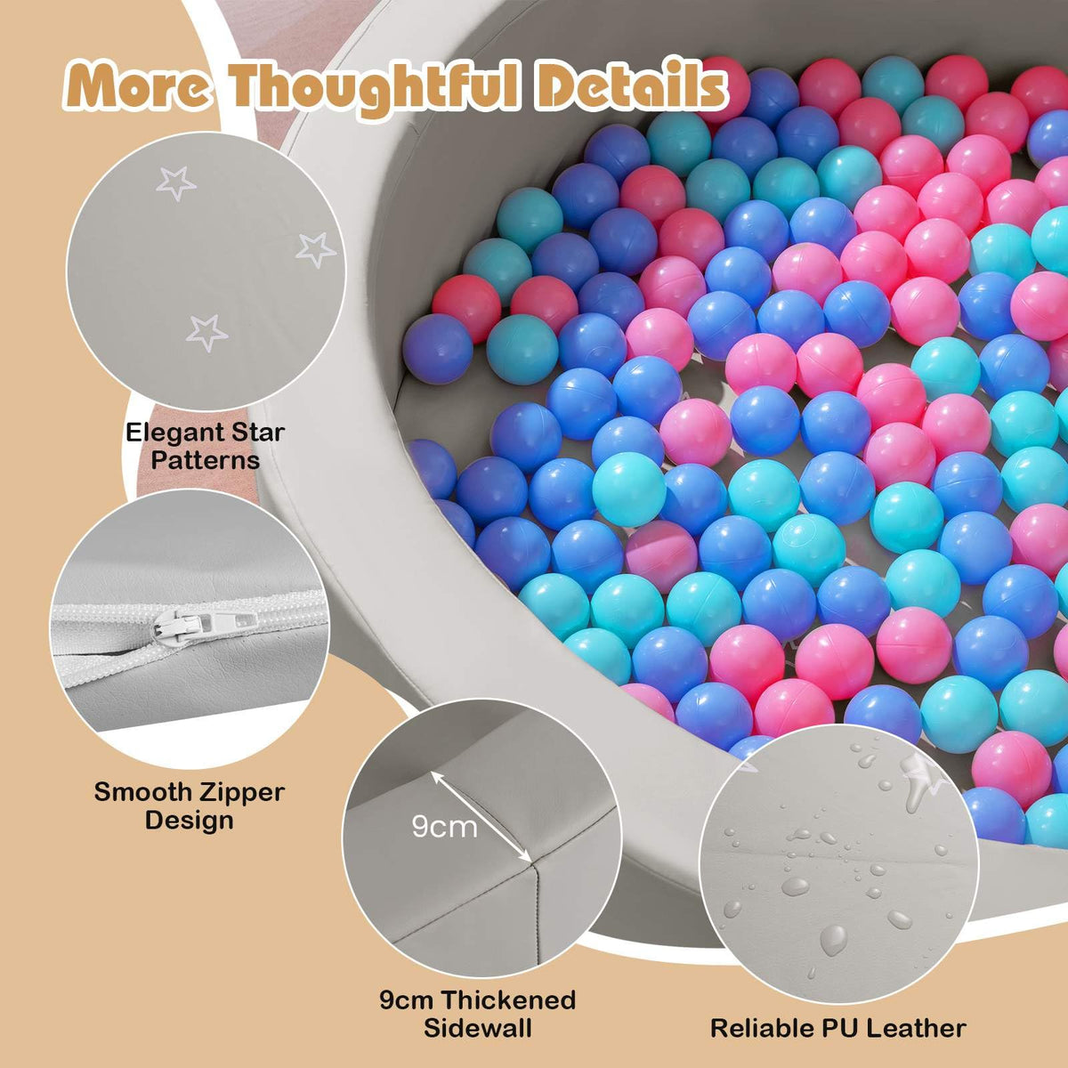 Round Foam Ball Pits with 200 Ocean Balls and Washable PU Cover