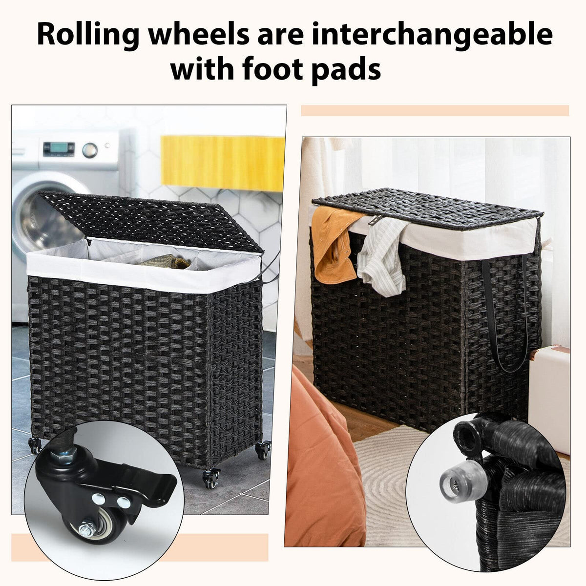 Giantex Laundry Hamper with Lid and Wheels, 125L 3 Sections Clothes Hamper with 2 Removable and Washable Liner Bags, Black