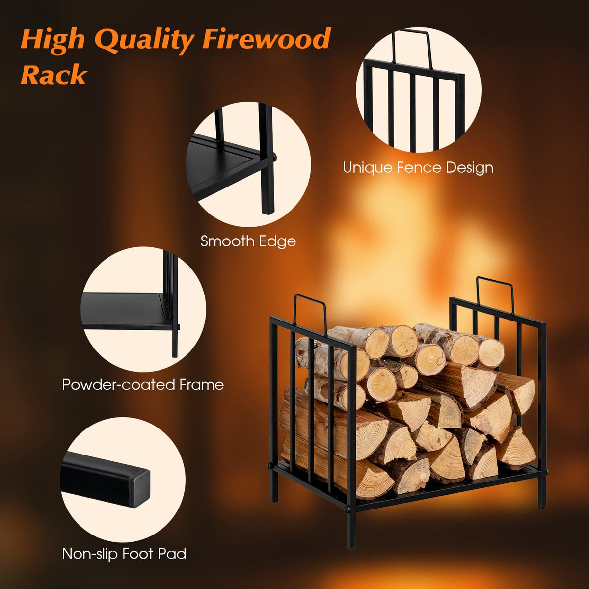 Firewood Log Rack, for Indoor Outdoor Steel Log Holder w/50 kg Load Capacity