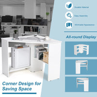 Compact Corner Desk, Corner Study Working Table, Space-Saving, w/ Bookshelves & Cable Hole & Host Storage Shelf (White)