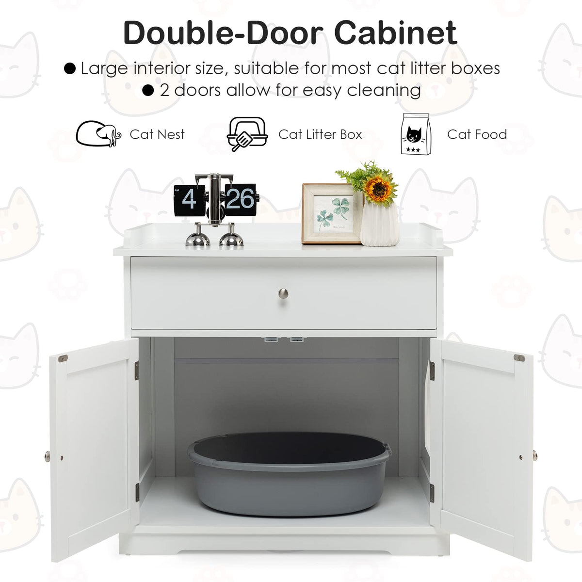 Cat Litter Box Enclosure, Hidden Cat Washroom Furniture W/Drawer & 2 Doors