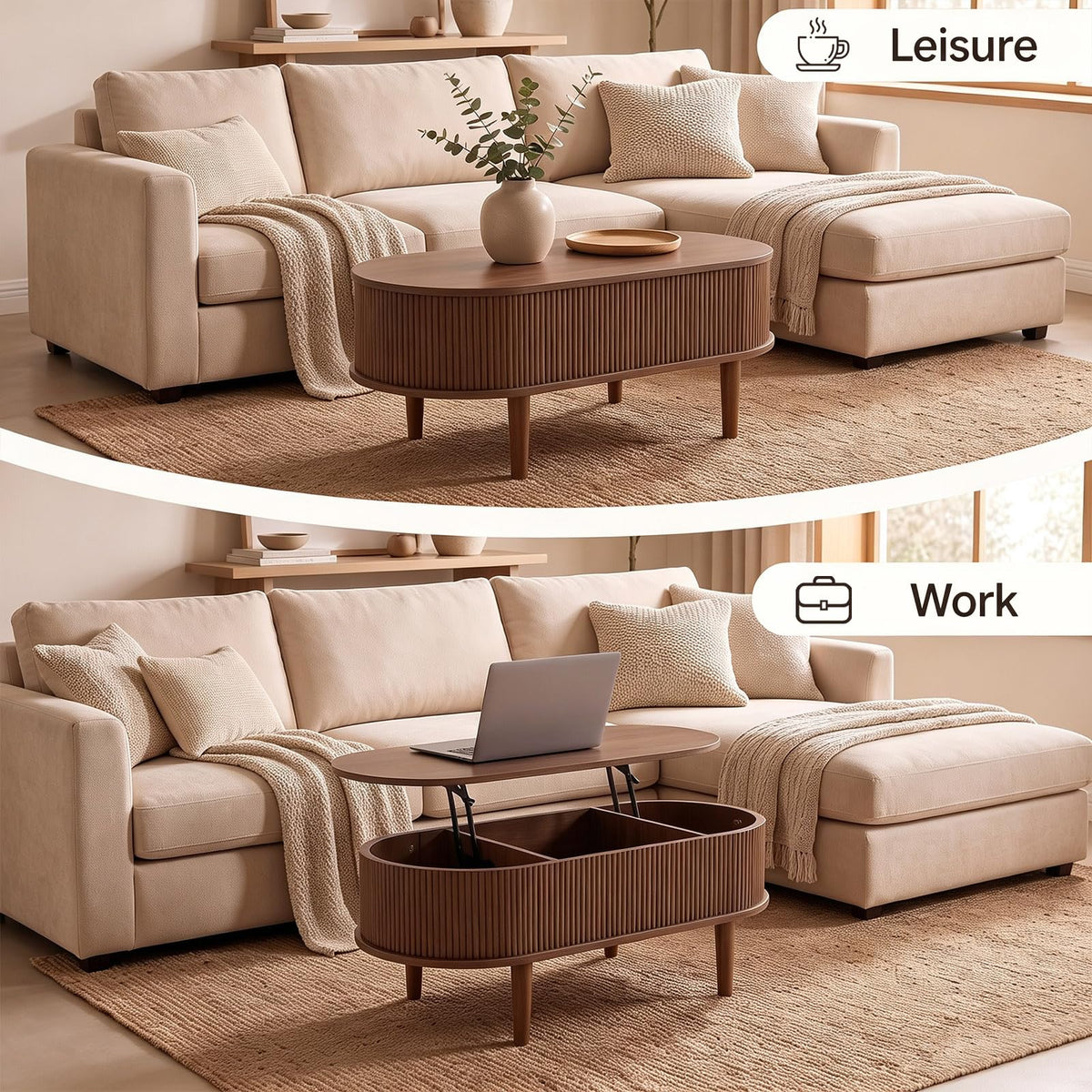 Oval Lift Top Fluted Design Coffee Table with Storage and Raised Wood Feet