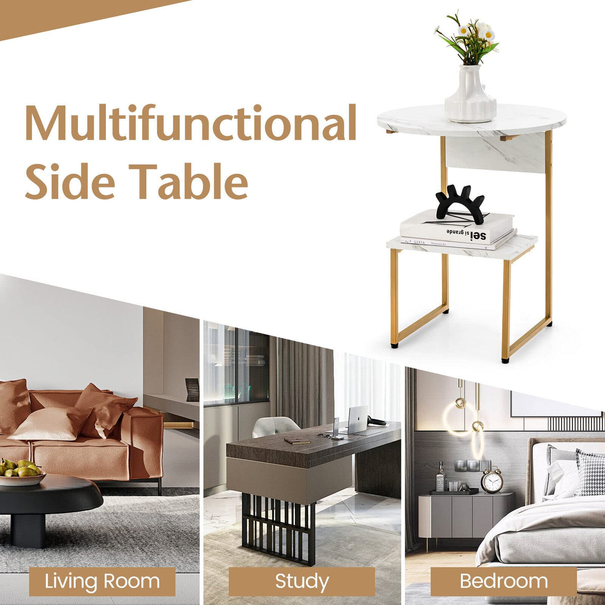 Giantex G-Shaped Side Table with Storage, 2-Tier End Table for Small Space White