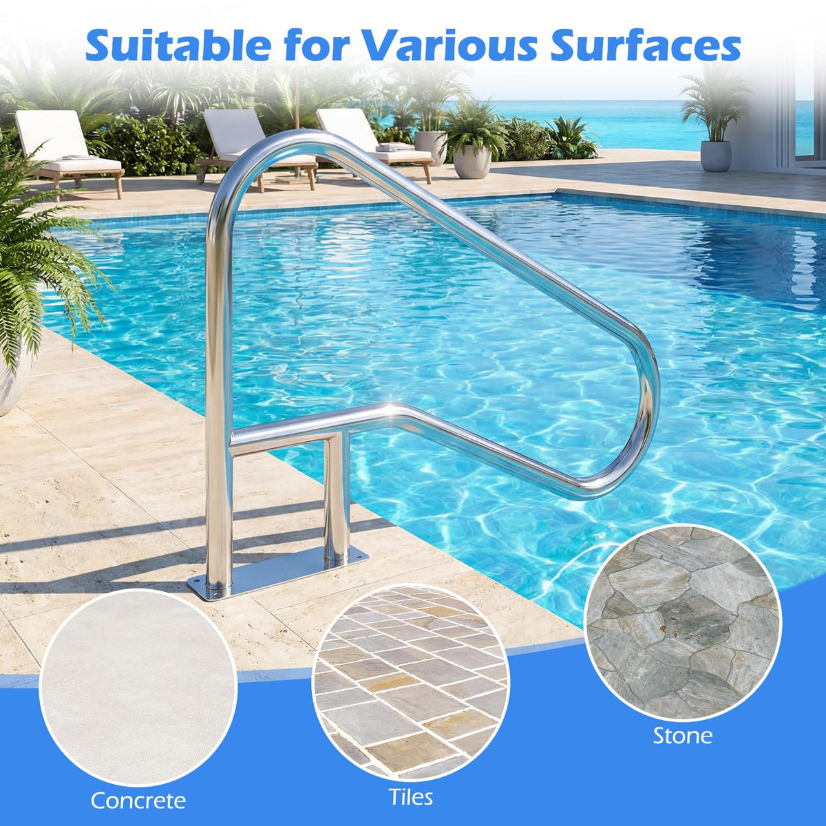 Pool Handrail Stair Rail with Mount Base Plate for Water Parks
