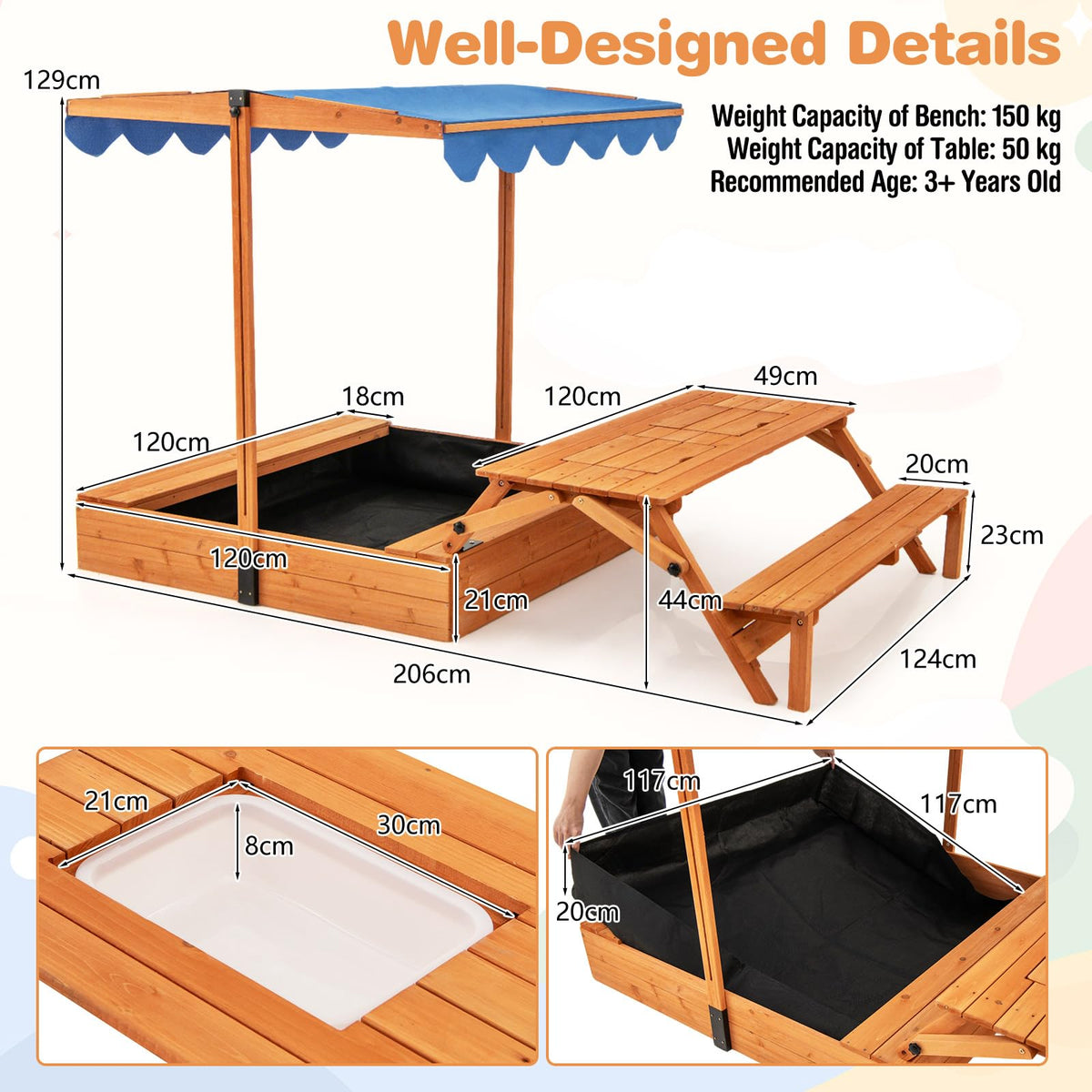 Outdoor Foldable Kids Wooden Sand Box with Lid Cover
