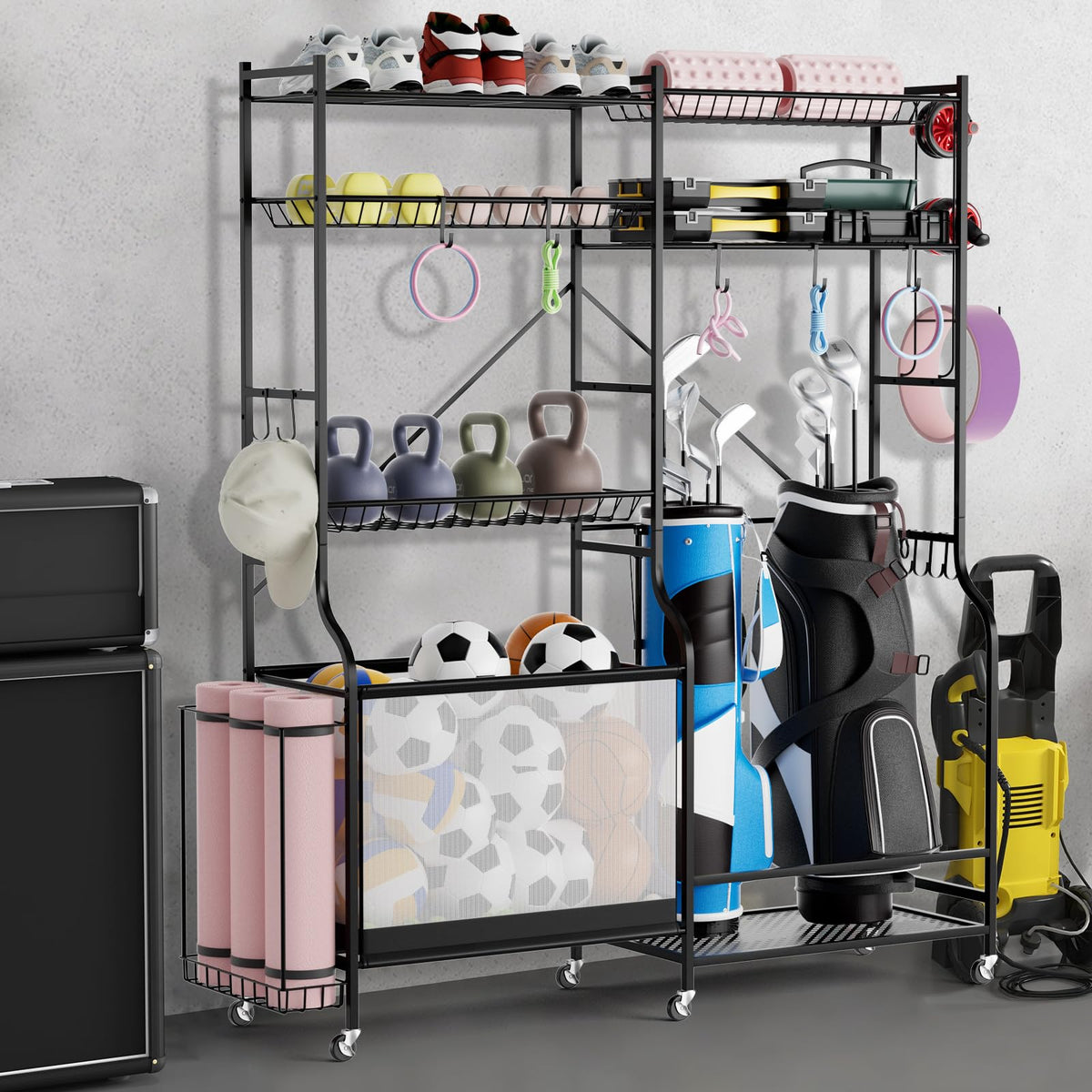 Sports Equipment Organizer for Garage, Metal Ball Storage Rack, Golf Bag Holder with Yoga Mat Holder