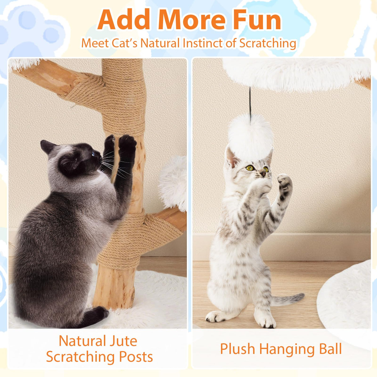 Modern Wood Branch Cat Tree with Jute Scratching Post and Padded Perch