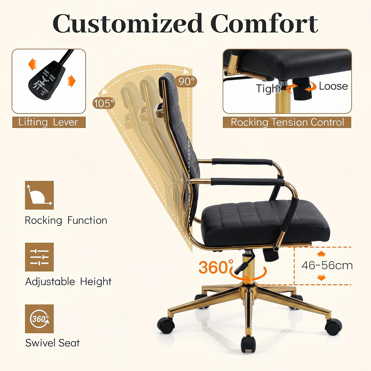 Ribbed PU Leather Office Chair with Armrests and Reclining Backrest
