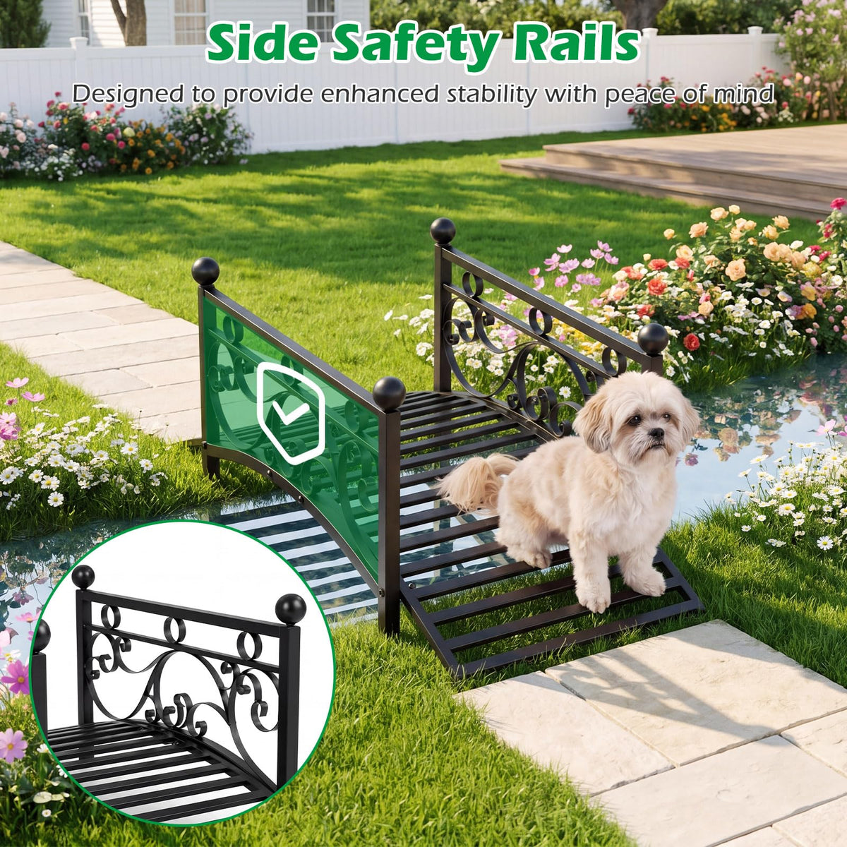 Garden Metal Bridge with Handrails, Outdoor Arched Bridge w/Dual Patterned Side Rails