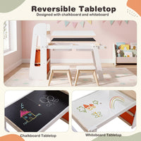 Kids Sensory Art Table 2 Chairs Set with Paper Roll Blackboard and 2 Detachable Activity Basins