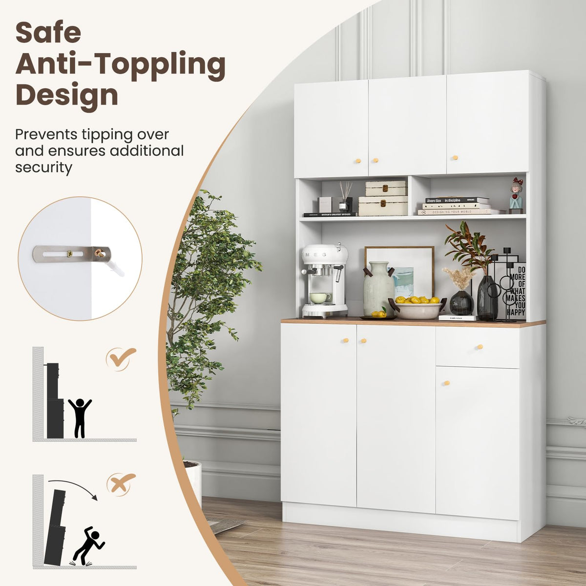 Giantex Tall Pantry Cabinet, Kitchen Cabinet with Outlets, USB Ports, Anti-Tipping Kits & 3-Position Adjustable Shelves