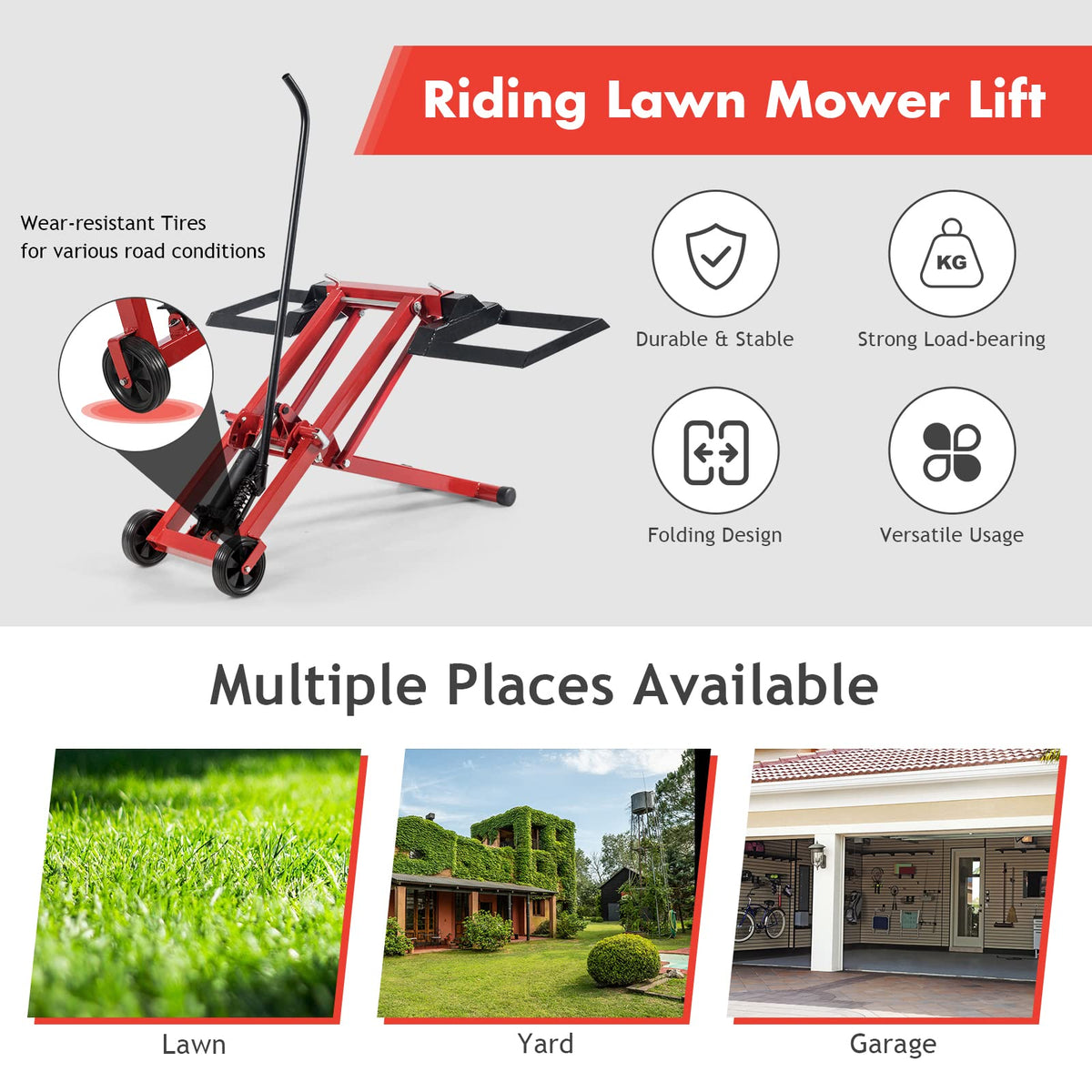 Ride On Lawn Mower Lift Jack, 3-Level Height Adjustable Mower Jack w/2 Wheels