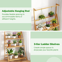 3 Tier Bamboo Ladder Plant Pot Stand with Height Adjustable Hanger Rod