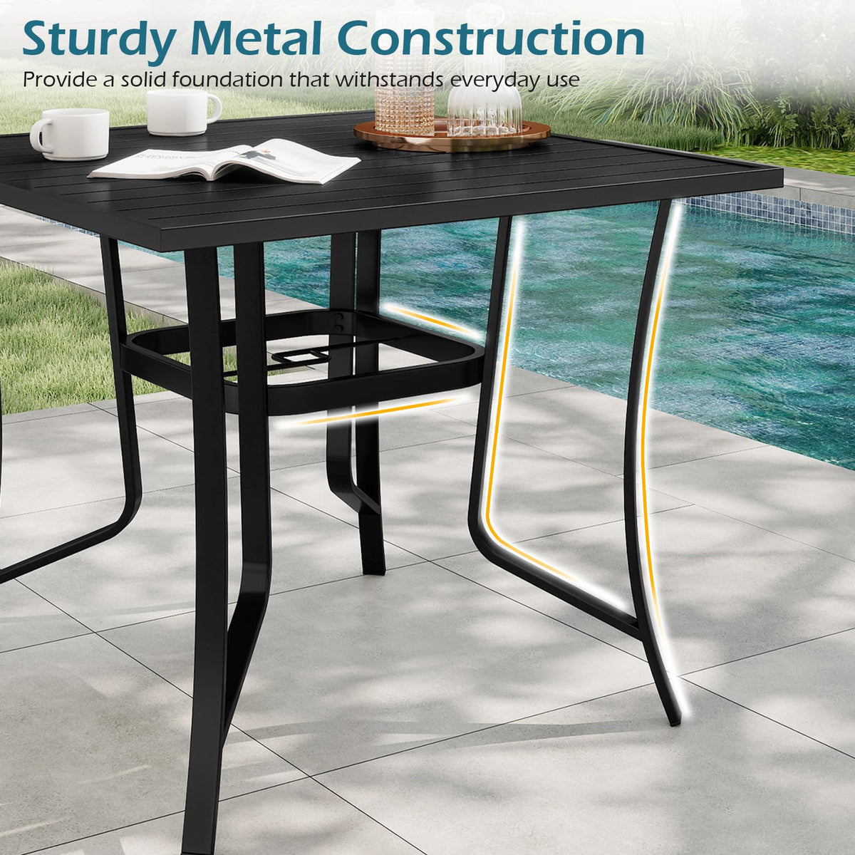 Square Patio Table for 4, 91 cm Square Metal Slat Table with 4-6 cm Adjustable Umbrella Hole