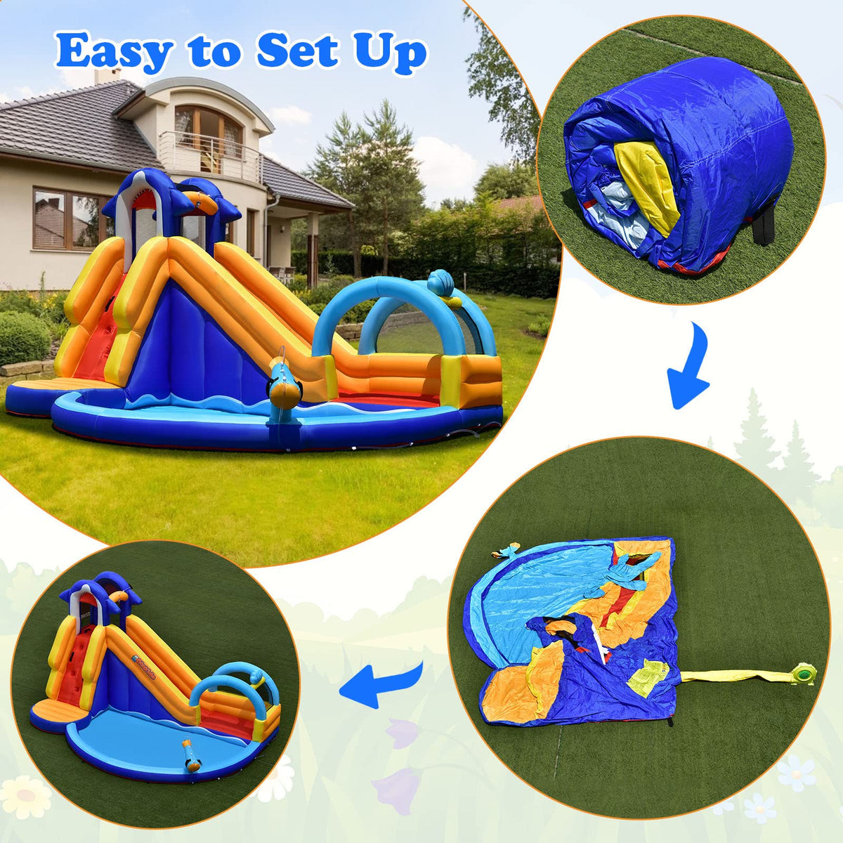 Shark Theme Bouncy House with Slide, Splash Pool, Climbing Wall, Water Gun, Outdoor Jumping Castle with Hose, Carry Bag, Stakes (without Blower)