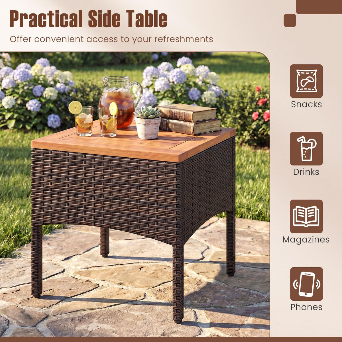 3-Piece Wicker Bistro Set with Acacia Table & Armchairs and Cushions for Backyard