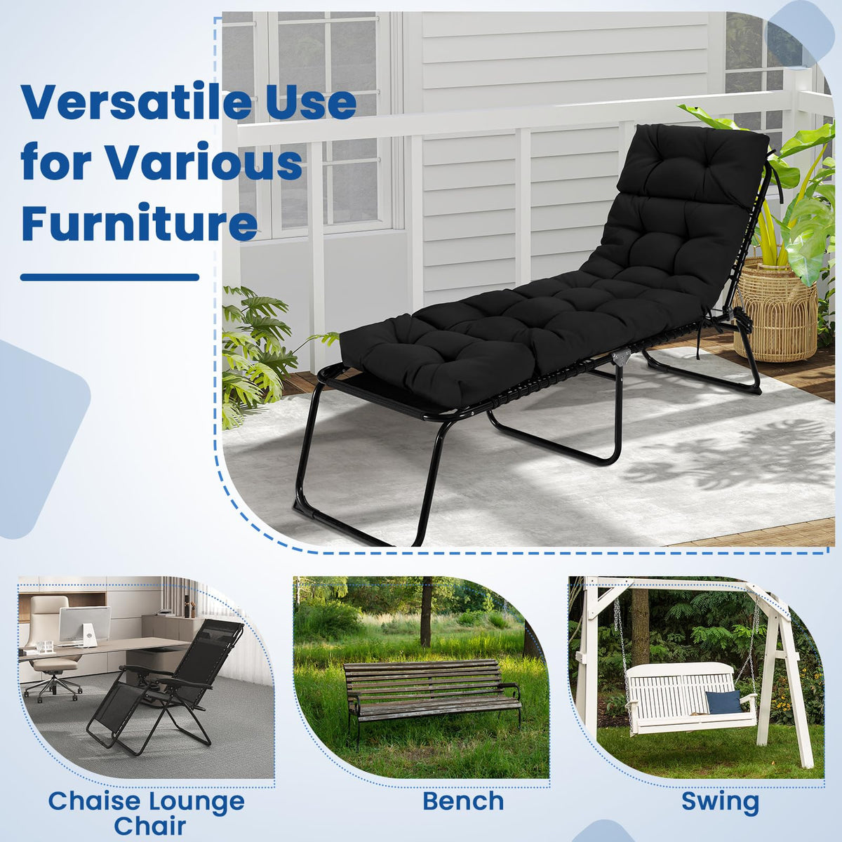 Black Outdoor Lounge Chair with 4-Position Backrest and Removable Lounge Cushion