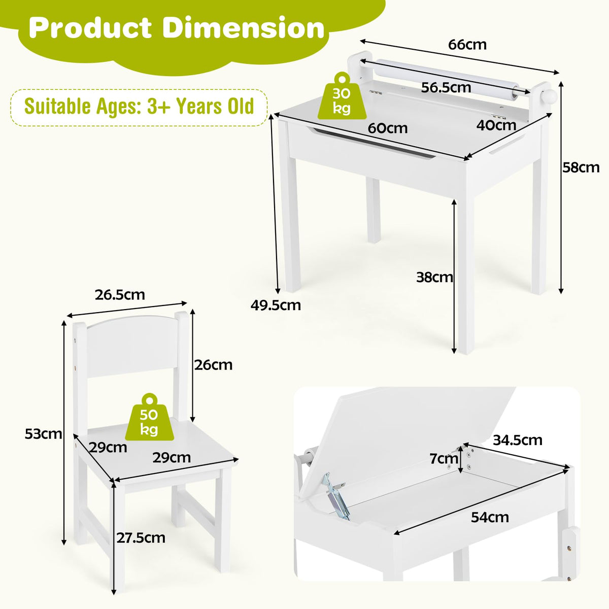 Kids Table and Chairs Set, Activity Desk and Chair for Children w/Paper Roll Holder & 2 Markers