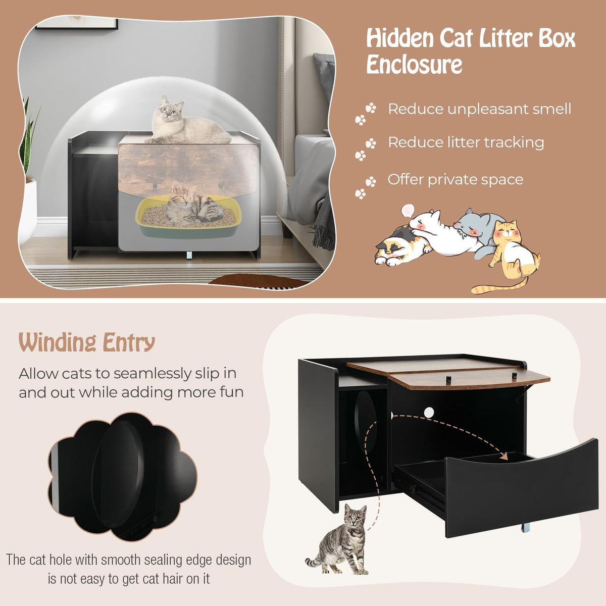 Cat Litter Box Enclosure with Pull-Out Drawer, Rolling Caster, Flip Door