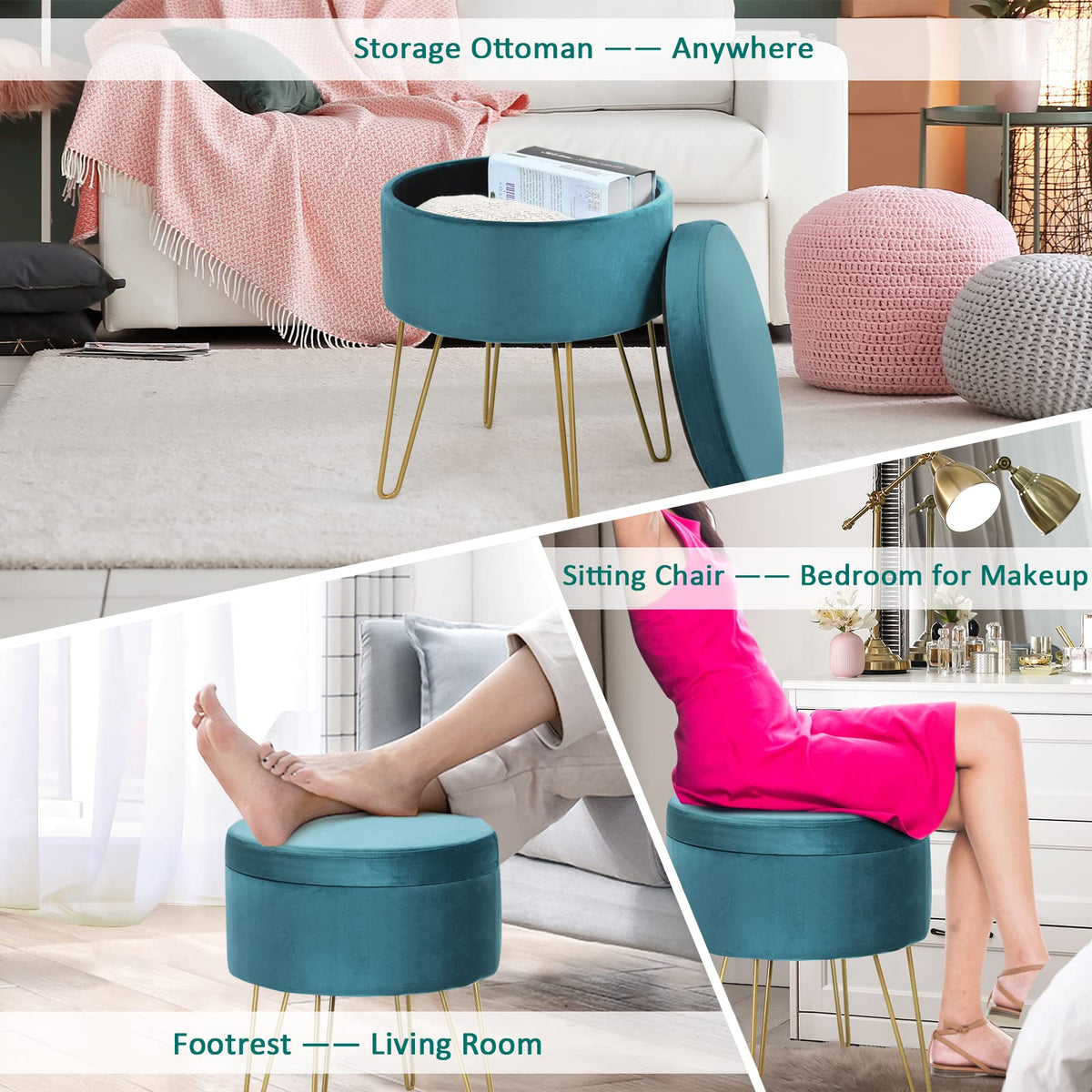 Velvet Storage Ottoman Stool, w/ Hairpin Like Metal Legs, Modern Dressing Make-up Vanity Stool