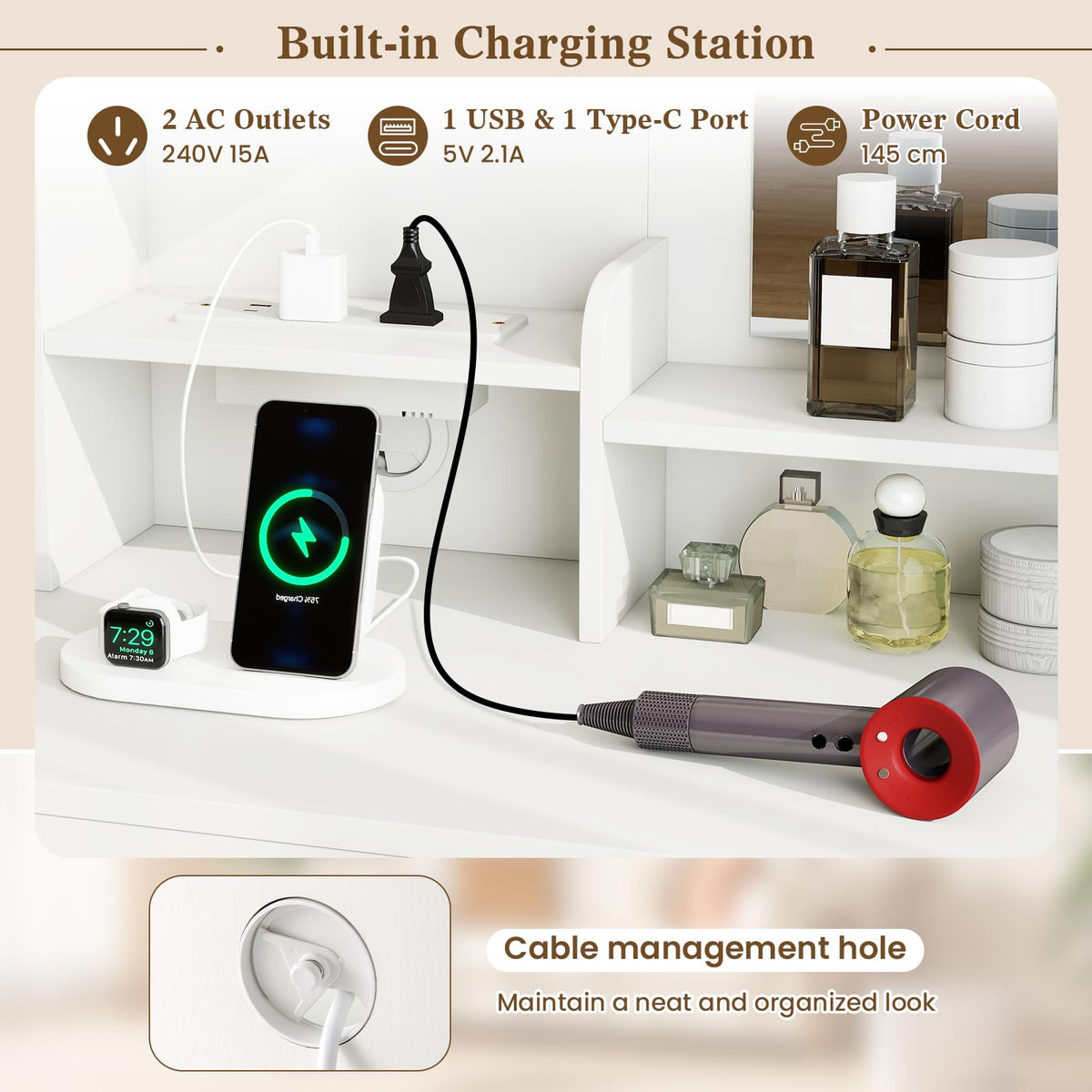 Vanity Desk with Mirror Charging Station USB and Type-C Ports