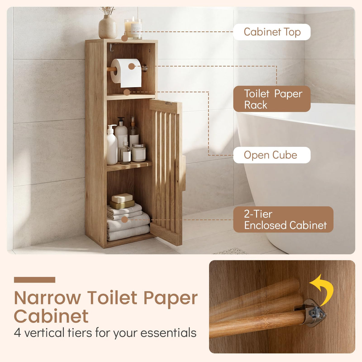 Slim Bathroom Cabinet with Door and Adjustable Shelf for Small Spaces