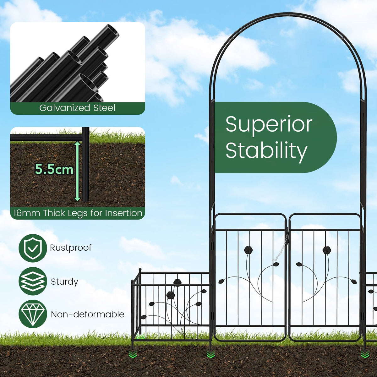 2.2M Garden Arbor, Metal Arch Trellis Lockable Gate, Arched Top Arbor Trellis w/Side Planters