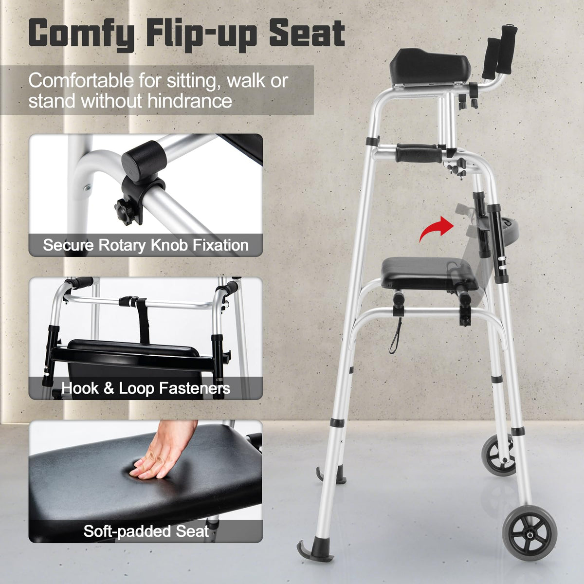 Folding Upright Walker with Seat Wheels and Removable Arm Support