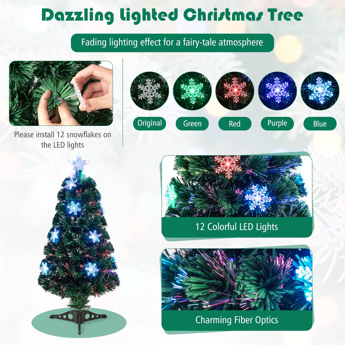 90/120/150cm Pre-Lit Fiber Optic Christmas Tree with 85/125/170 PVC Tips for Holiday Decor