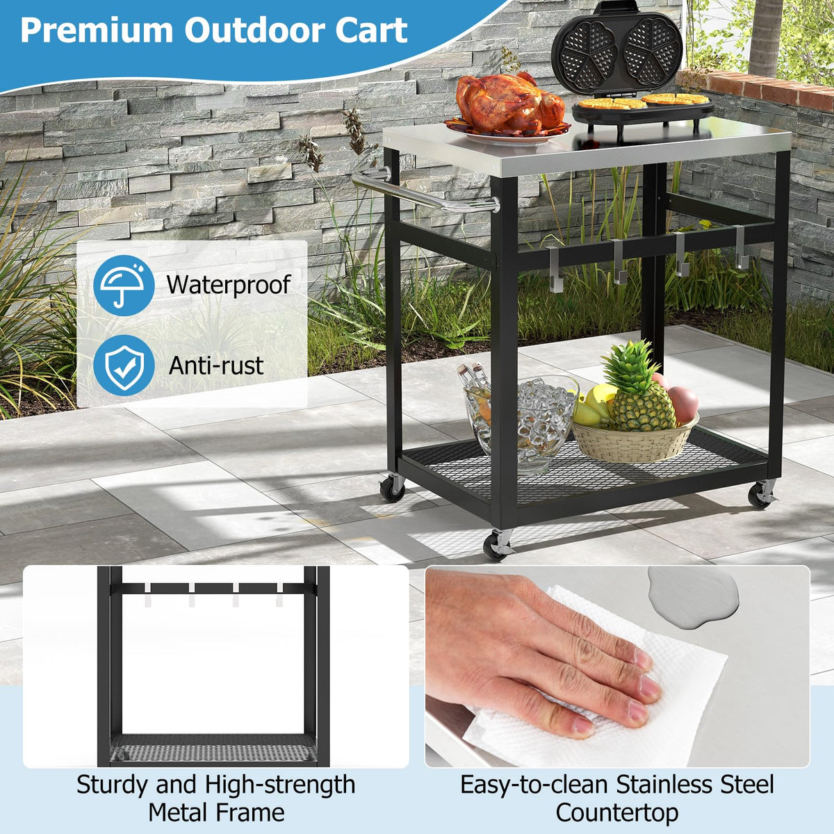 2-Tier Stainless Steel Grill Cart w/Wheels & Handle