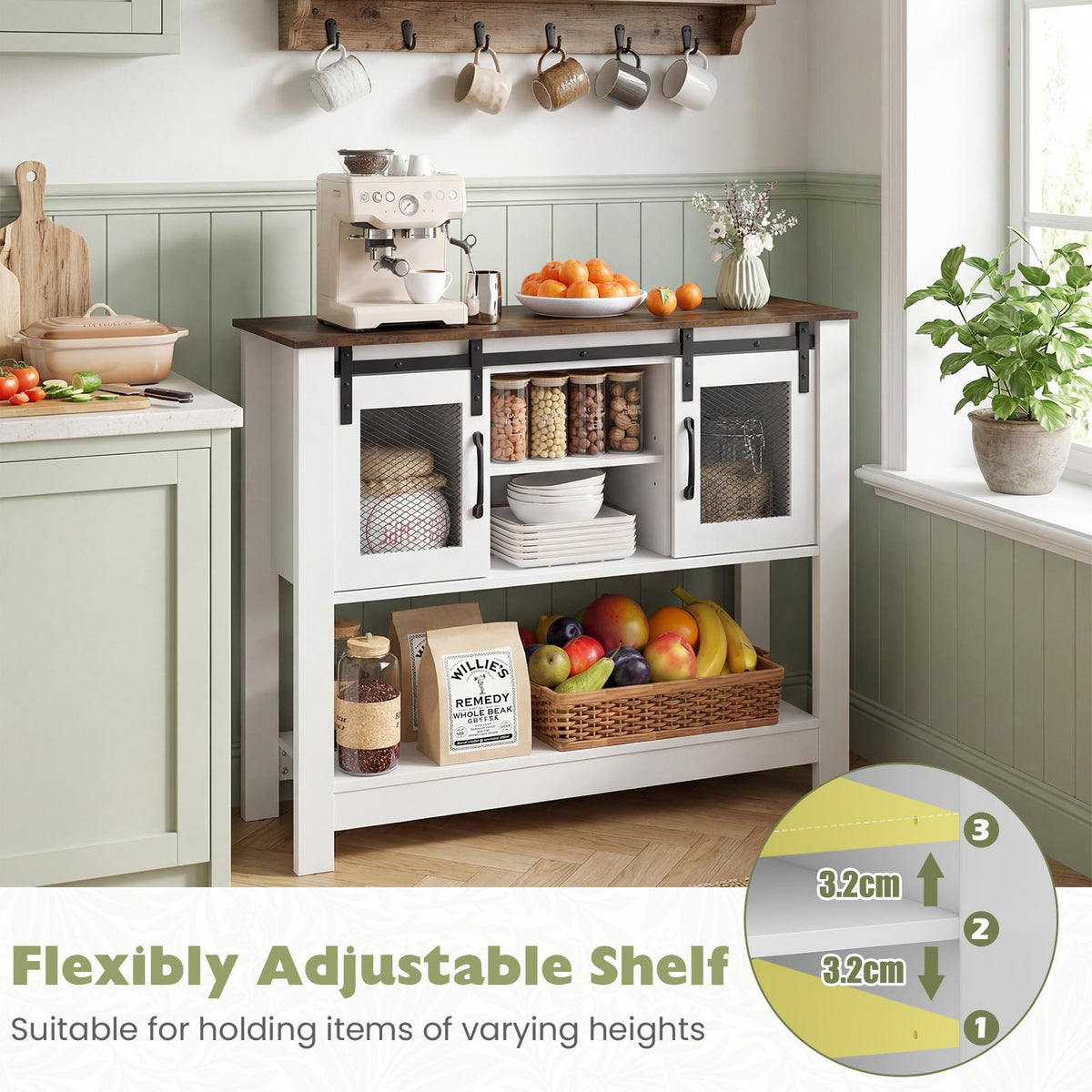 102cm Small Farmhouse Console Table with Adjustable Shelf and 2 Storage Cabinets for Entrance