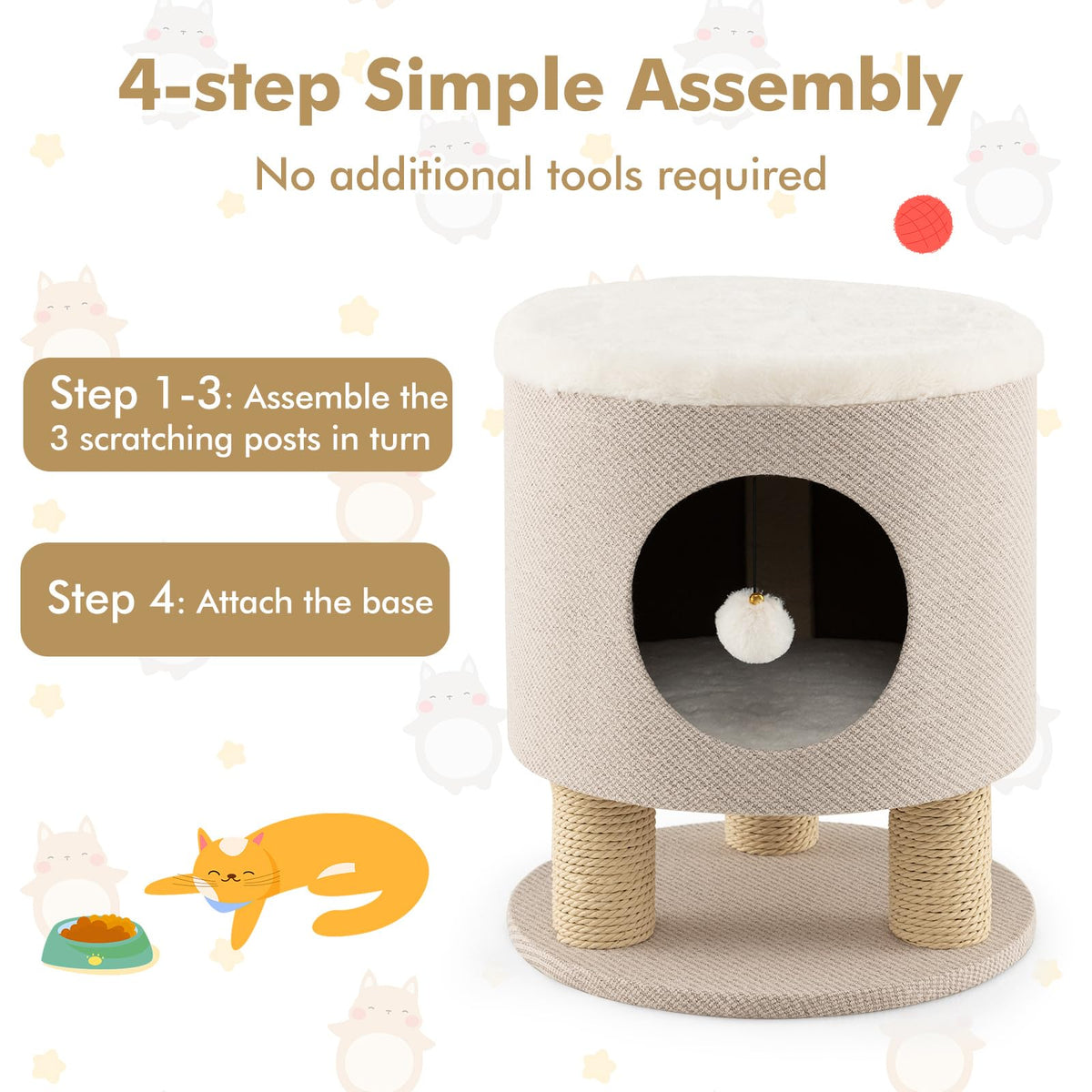 Cat Condo Stool for Indoor Cats, Pet House Ottoman & Kitty Bed with Scratching Posts & Plush Ball Toy