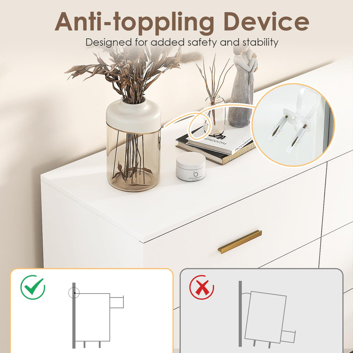 6 Drawer Dresser with Anti-Toppling Device and Modern TV Stand