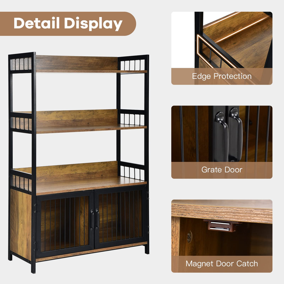 Giantex Industrial Baker’s Rack, 3-Tier Kitchen Microwave Oven Stand w/ 2 Door Storage Cabinet, Rustic Brown