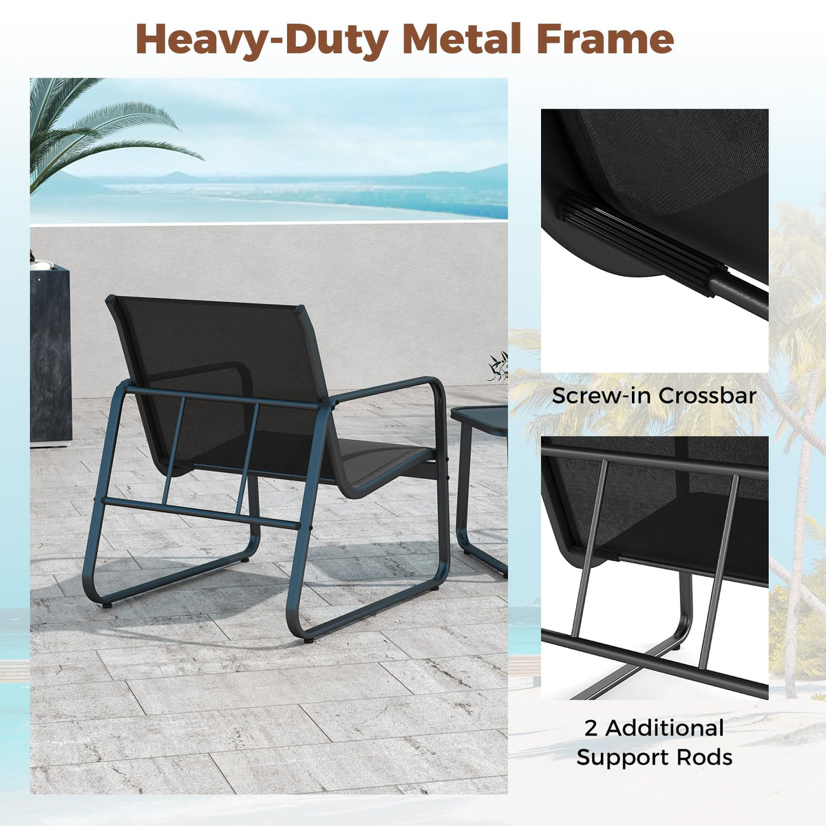 3 Pieces Patio Conversation Set Outdoor Metal Chair and Table Set Breathable Fabric