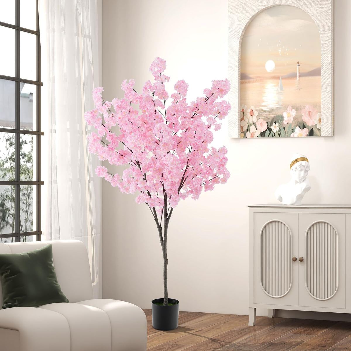 Giantex 190cm Tall Artificial Cherry Blossom Tree, Faux Floral Plant w/ 1170 Pink Flowers, Nursery Pot, Potted Plant Indoor Decor