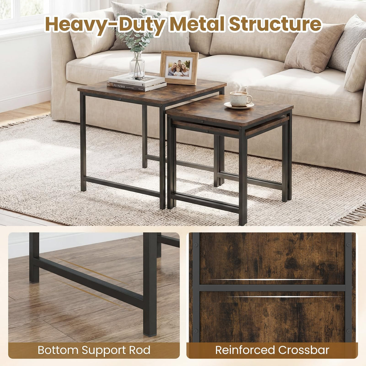 Nesting Coffee Table Set of 3 with Heavy-Duty Metal Frame