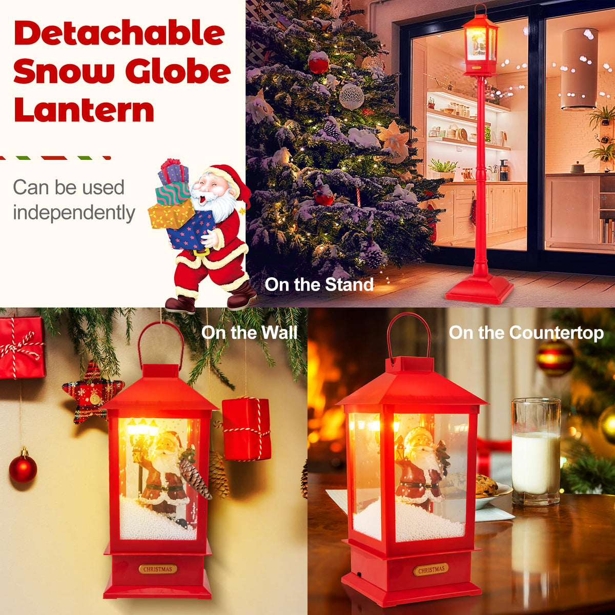 1-Piece Christmas Street Lamp 155cm with Snow Globe and Santa Music for Porch