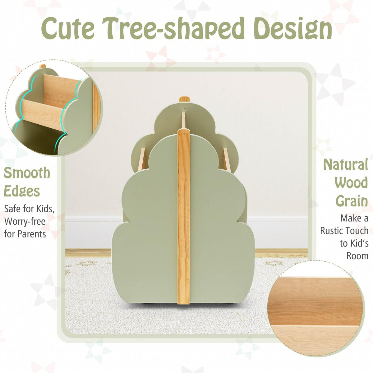 Kids Wooden Bookshelf with Universal Wheels and 2-Tier Storage Shelf