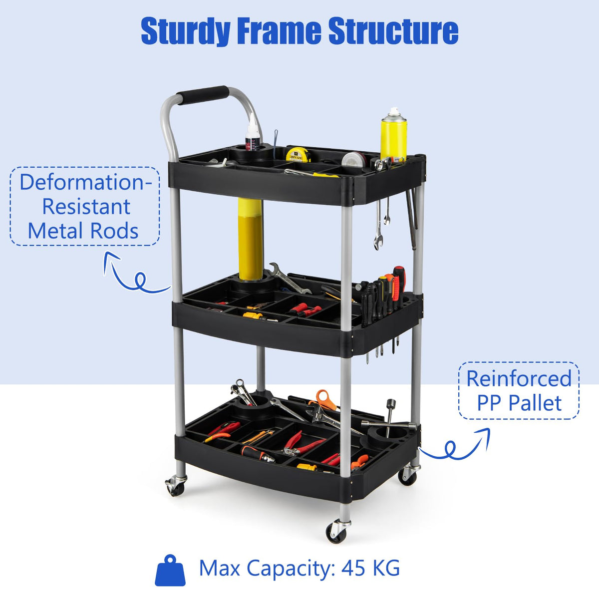 3 Tier Rolling Tool Cart, Rustproof Metal Utility Cart w/Handle