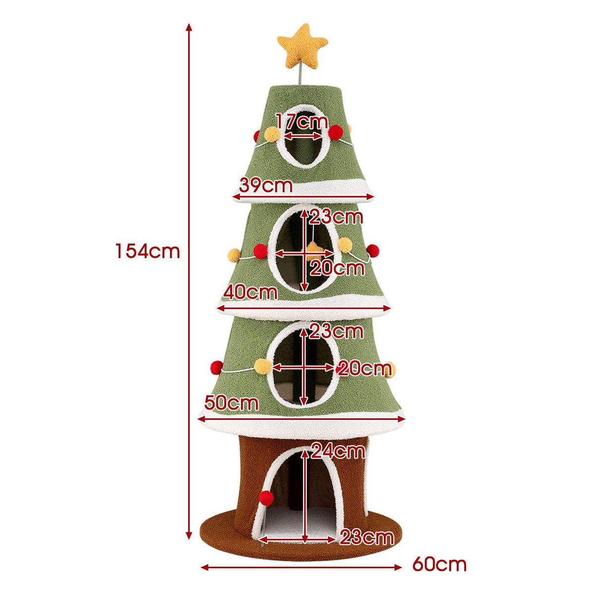 Large Christmas Cat Tree for Indoor Cats, 154 cm Cute Cat Tower with 4 Condos